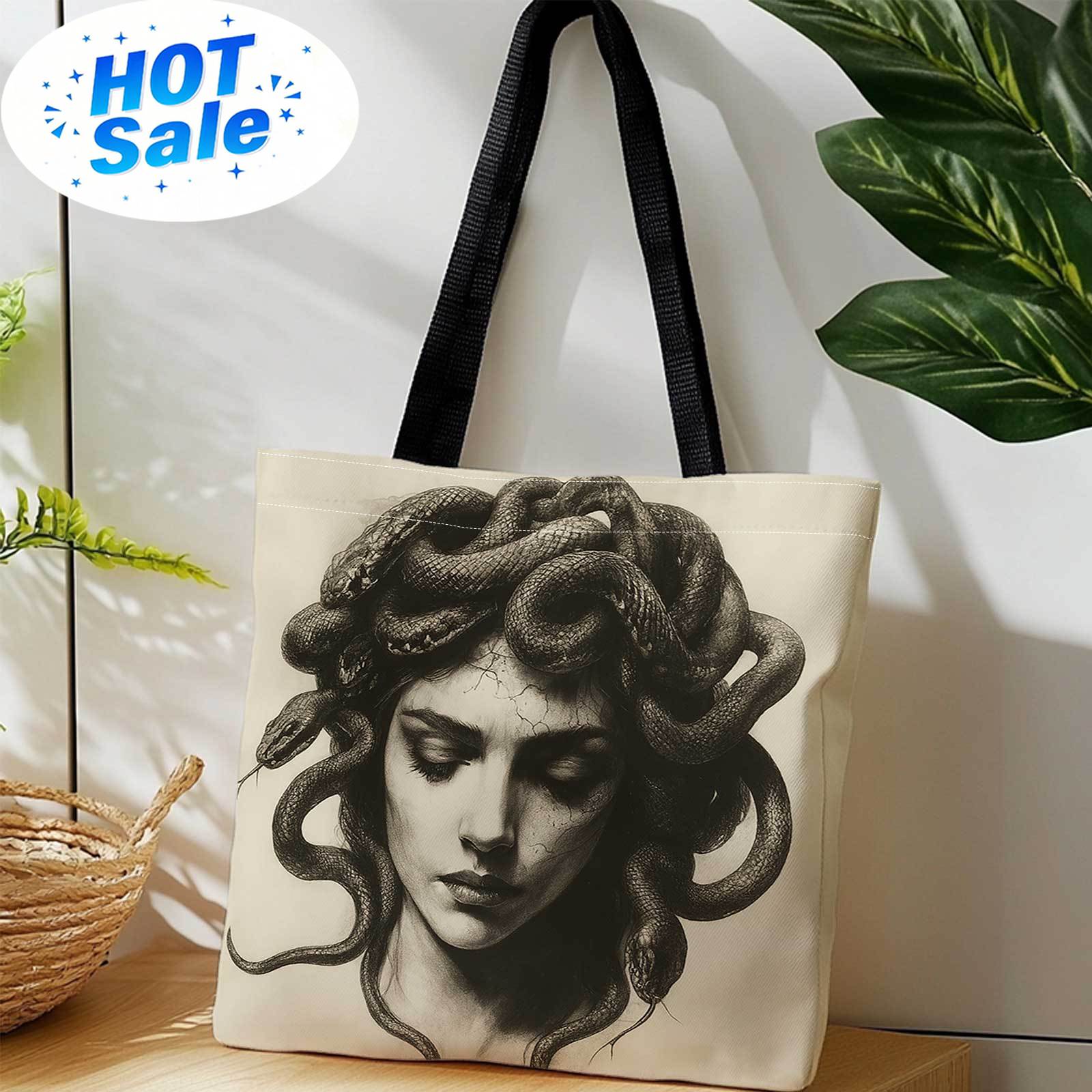 Reusable Bag - Dubbelzijdig bedrukte boodschappentas+Medusa, slangen, monochroom, illustratie+lichtgewicht,