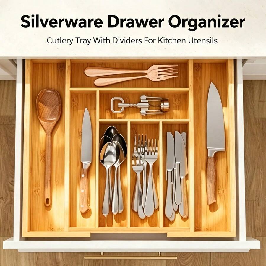 Bamboo Cutlery - Bamboe lade-organizer, uitbreidbaar, bestekbak met vakken