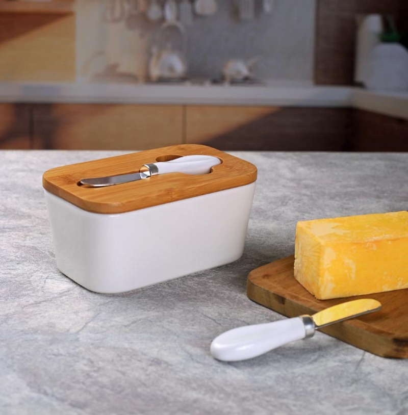 Bamboo Cutlery - Eenvoudige keramische botervloot met bamboe deksel
