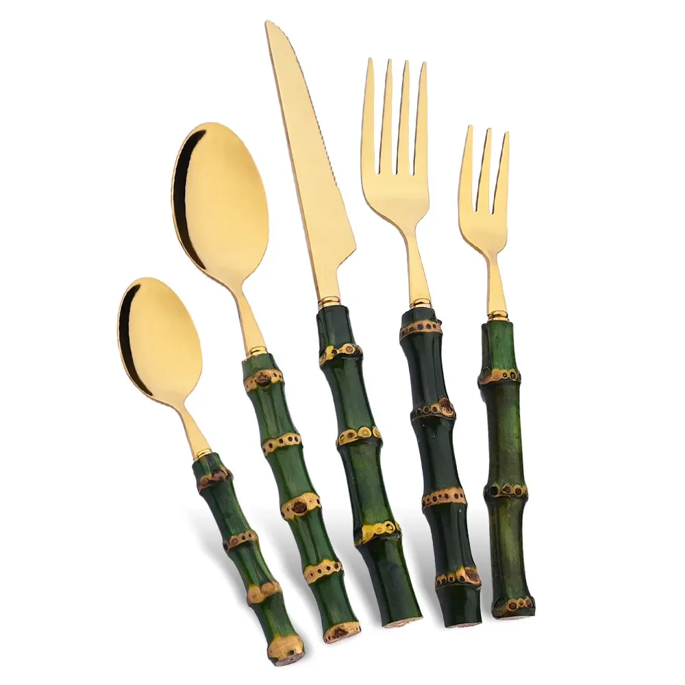 Bamboo Cutlery - 5 Stuks Natuurlijke Groene Bamboe Handvat