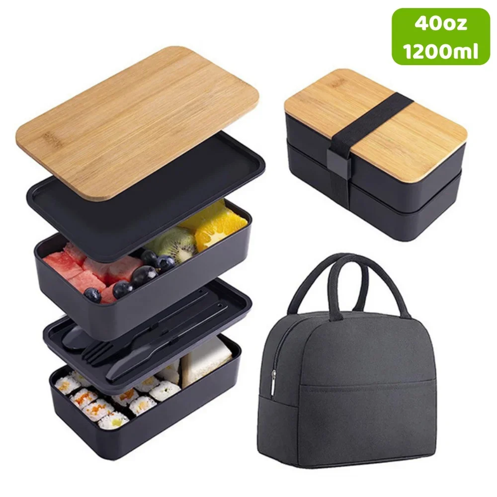 Bamboo Cutlery - Bento lunchbox voor volwassenen, 2-laags voedselopslagcontainerset